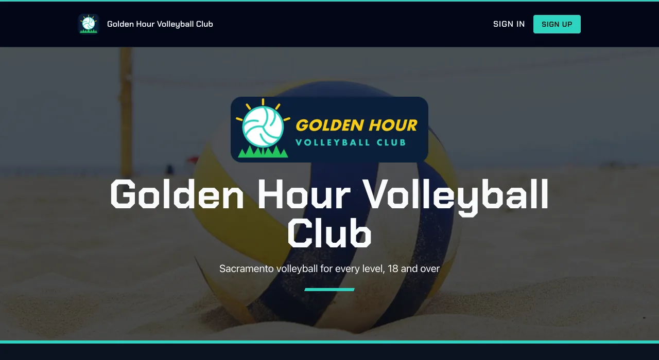 The Golden Hour Volleyball Club website in the dark Arena style, with its sun-and-ball logo and sharp white type over a volleyball on the sand