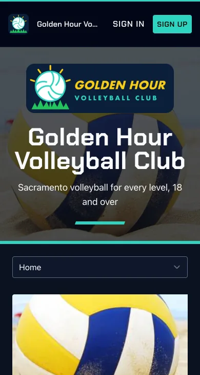 The same volleyball club's website on a phone, with its sun-and-ball logo, sharp white type, and a volleyball photo under its page menu