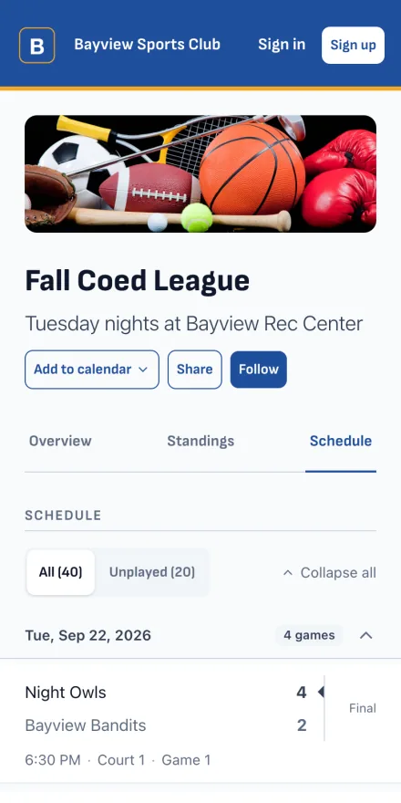 League schedule showing weekly games and recorded scores on a phone