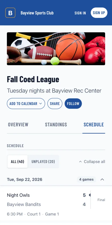 League schedule showing weekly games and recorded scores on a phone