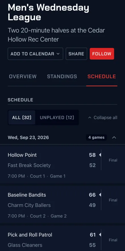 The schedule for the Men's Wednesday League at Cedar Hollow Basketball League on a phone, with recorded scores