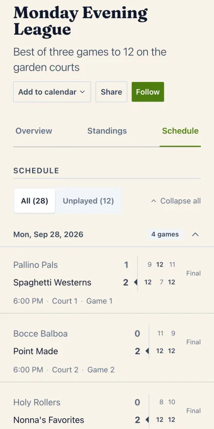The schedule for the Monday Evening League at Olive Grove Bocce Club on a phone, with recorded scores