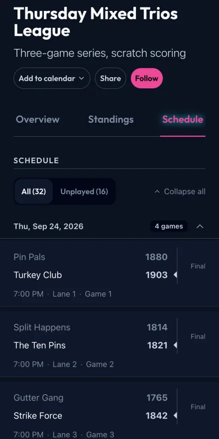 The schedule for the Thursday Mixed Trios League at Brightwater Lanes Bowling League on a phone, with recorded scores