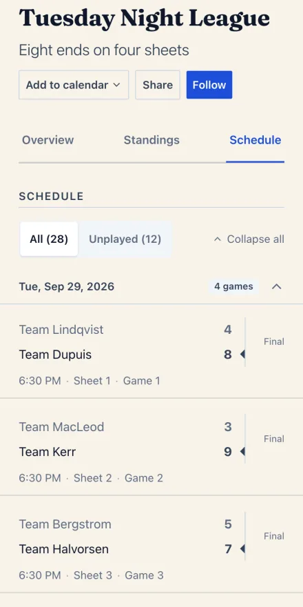 The schedule for the Tuesday Night League at Pinecrest Curling Club on a phone, with recorded scores