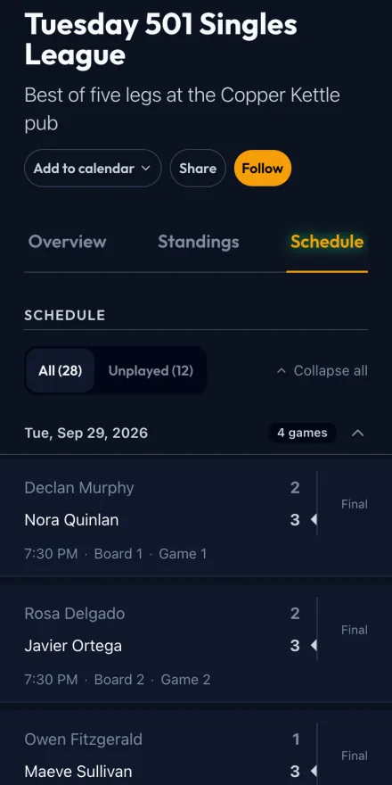 The schedule for the Tuesday 501 Singles League at Copper Kettle Darts League on a phone, with recorded scores