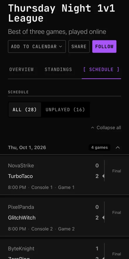 The schedule for the Thursday Night 1v1 League at Afterglow Esports Club on a phone, with recorded scores