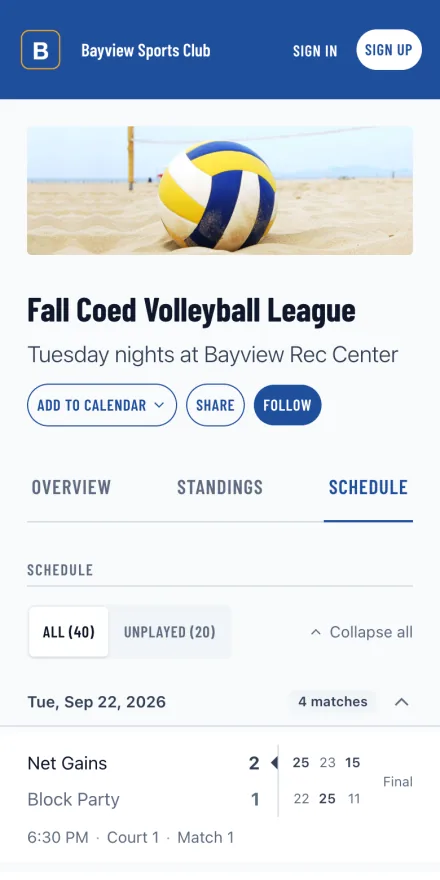 League schedule showing weekly games and recorded scores on a phone