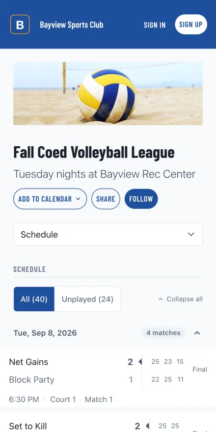 League schedule showing weekly games and recorded scores on a phone