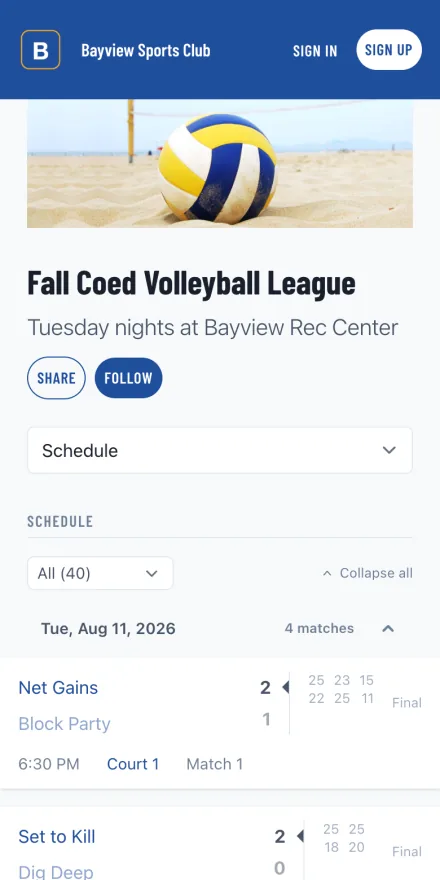 League schedule showing weekly games and recorded scores on a phone
