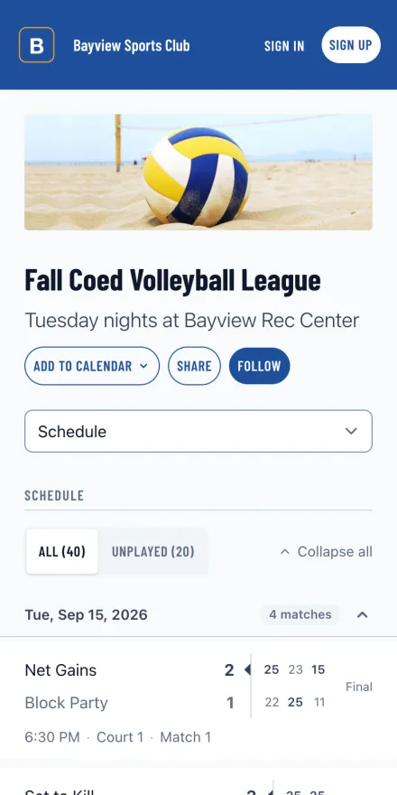 League schedule showing weekly games and recorded scores on a phone