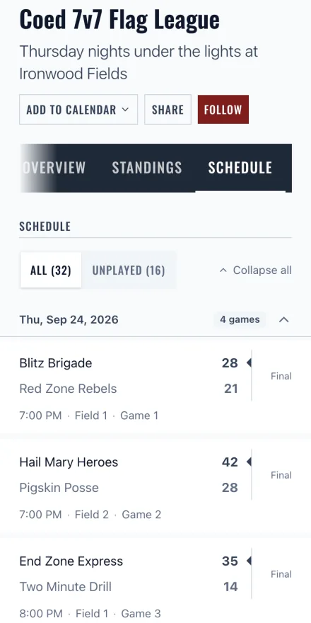 The schedule for the Coed 7v7 Flag League at Ironwood Flag Football League on a phone, with recorded scores