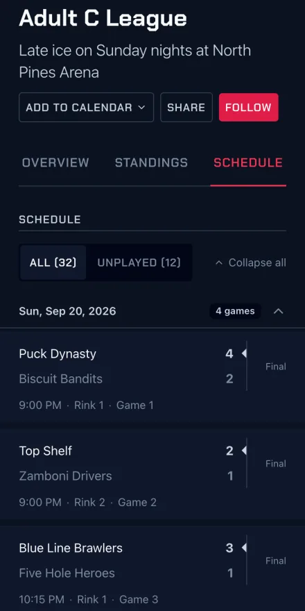 The schedule for the Adult C League at North Pines Adult Hockey League on a phone, with recorded scores