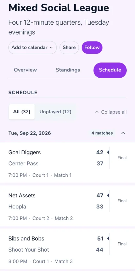The schedule for the Mixed Social League at Golden Coast Netball Club on a phone, with recorded scores
