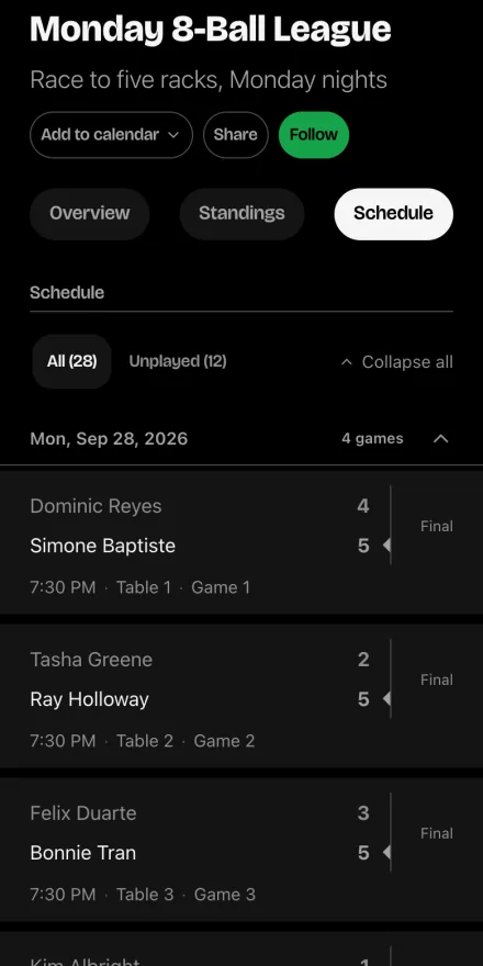 The schedule for the Monday 8-Ball League at Rack and Roll Pool League on a phone, with recorded scores