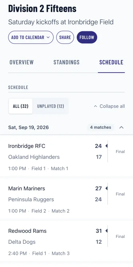 The schedule for the Division 2 Fifteens at Ironbridge Rugby Football Club on a phone, with recorded scores