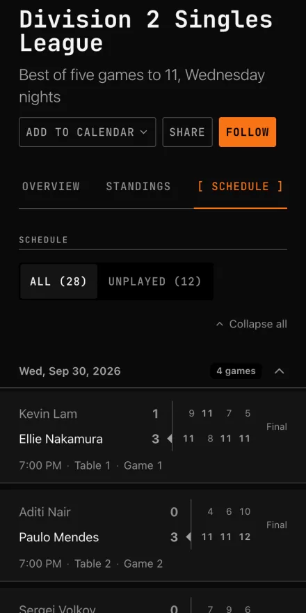 The schedule for the Division 2 Singles League at Topspin Table Tennis Club on a phone, with recorded scores