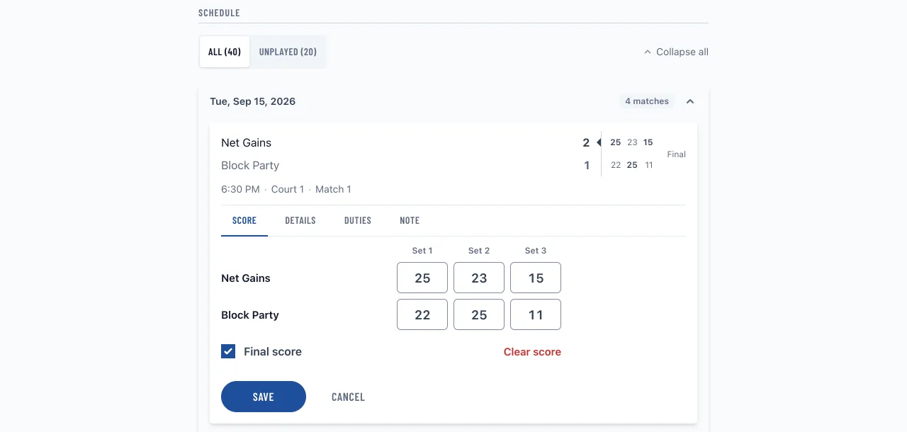 A manager recording a set-by-set score on a league game, with the score editor open on the schedule