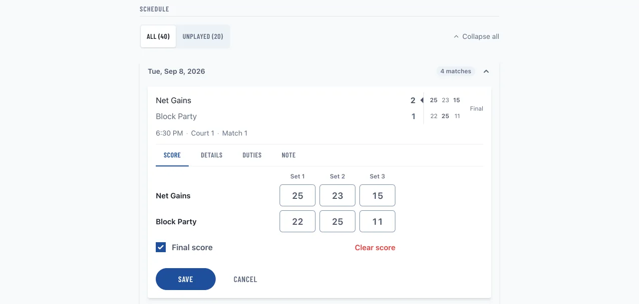 A manager recording a set-by-set score on a league game, with the score editor open on the schedule