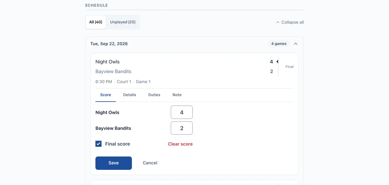 A manager recording a score on a league game, with the score editor open on the schedule