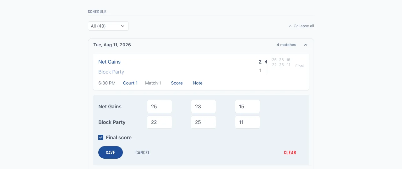 A manager recording a set-by-set score on a league game, with the score editor open on the schedule