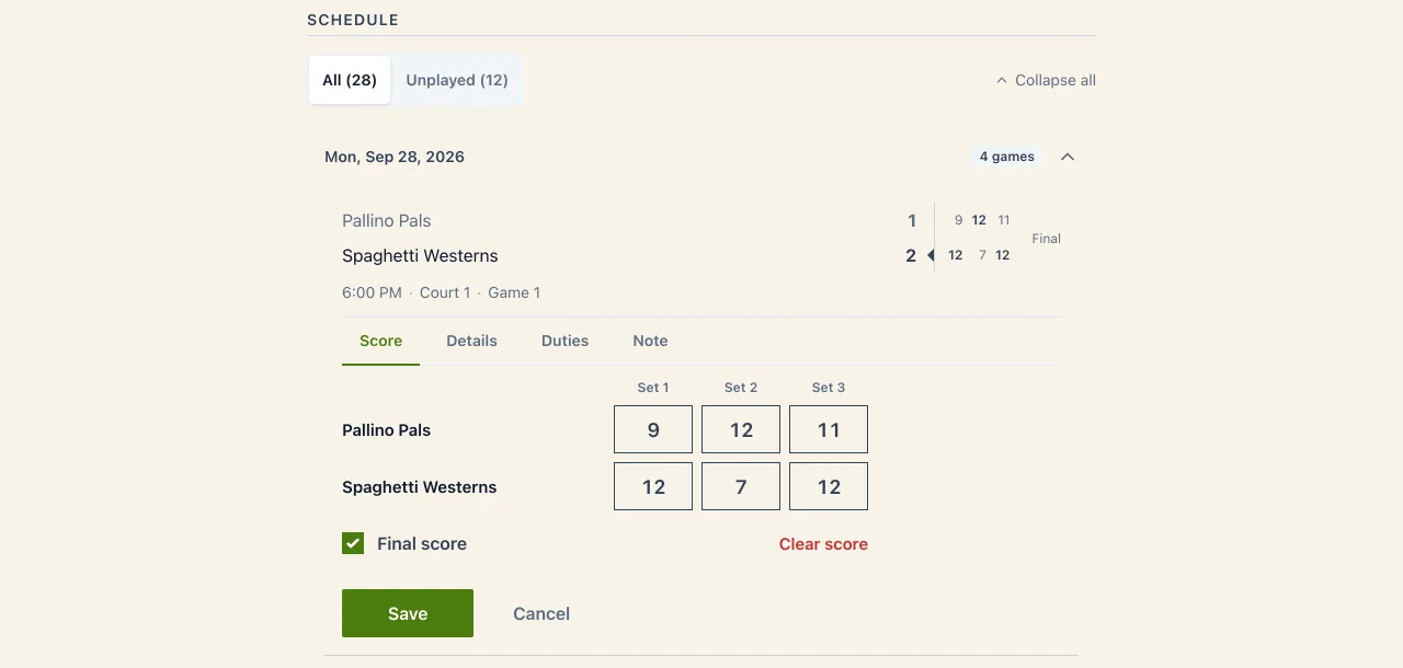 A manager recording a score in the Monday Evening League at Olive Grove Bocce Club, with the score editor open on the schedule