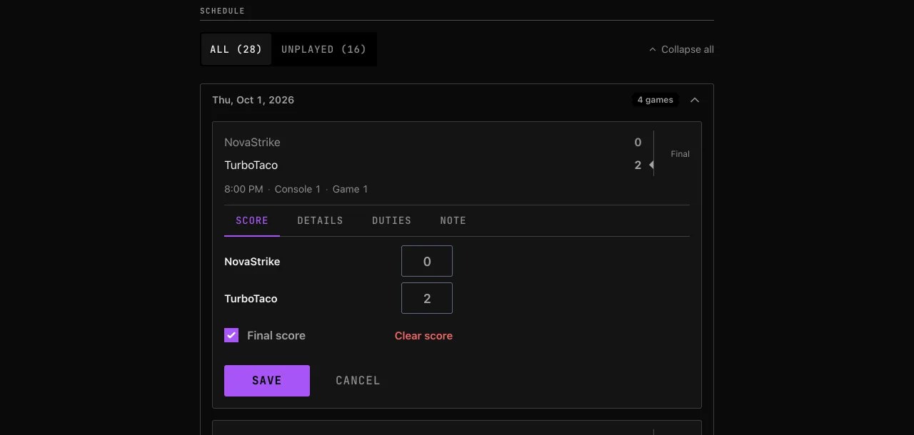 A manager recording a score in the Thursday Night 1v1 League at Afterglow Esports Club, with the score editor open on the schedule