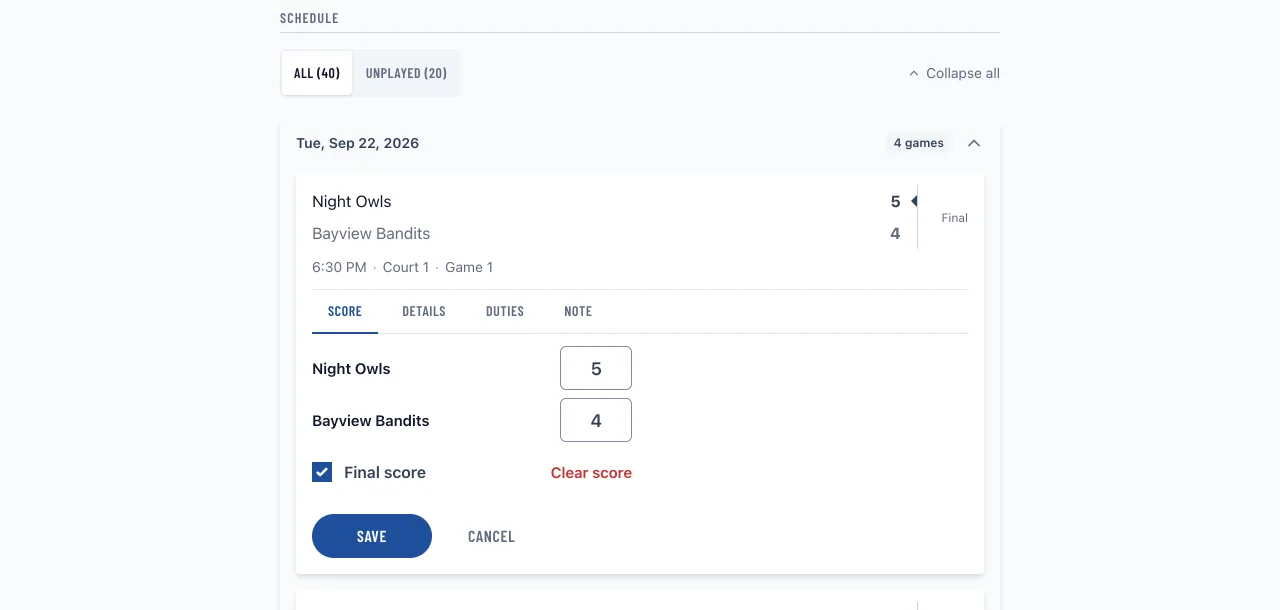 A manager recording a score on a league game, with the score editor open on the schedule