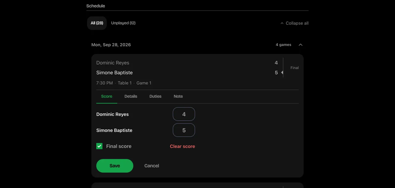 A manager recording a score in the Monday 8-Ball League at Rack and Roll Pool League, with the score editor open on the schedule