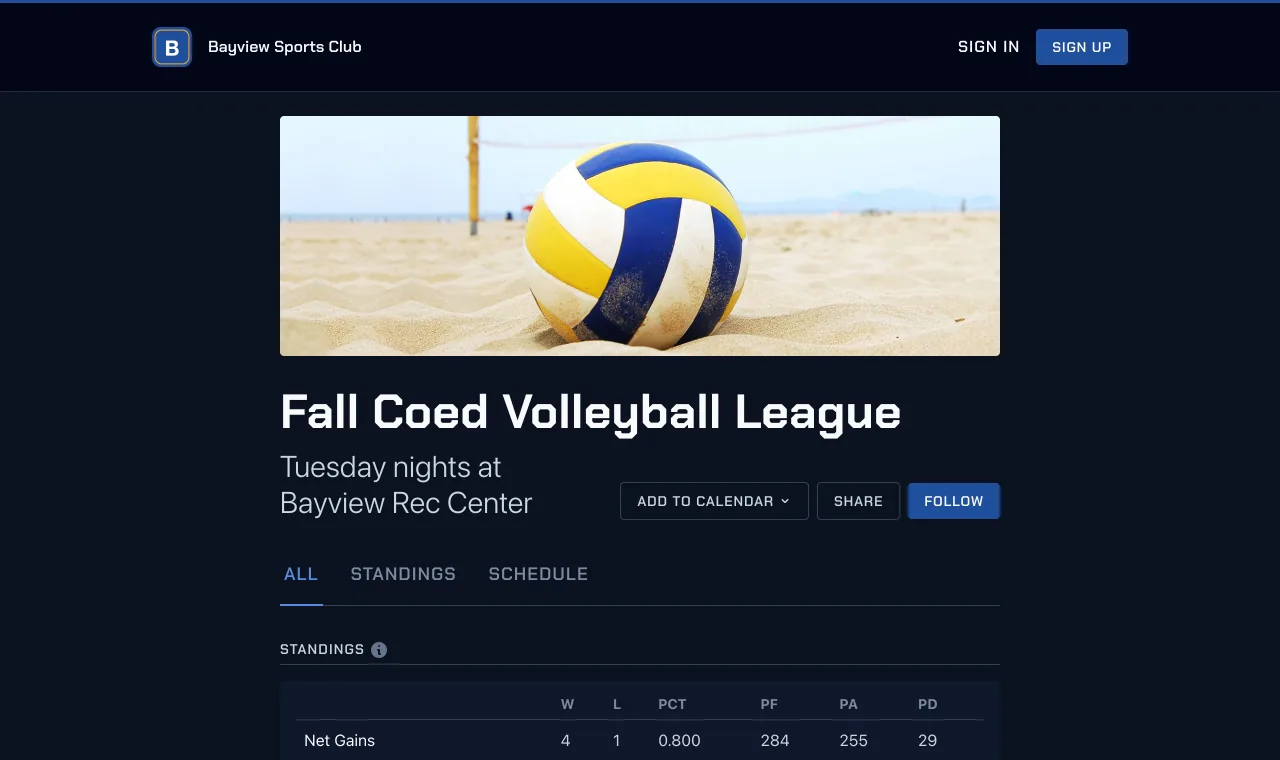 The same league on the club's own website in the Arena style, under the club's logo and navigation