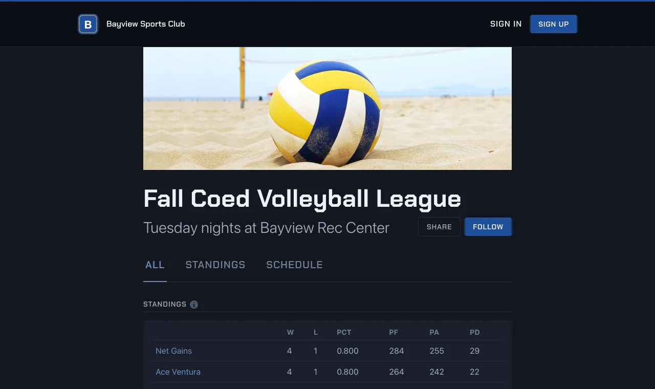 The same league on the club's own website in the Arena style, under the club's logo and navigation
