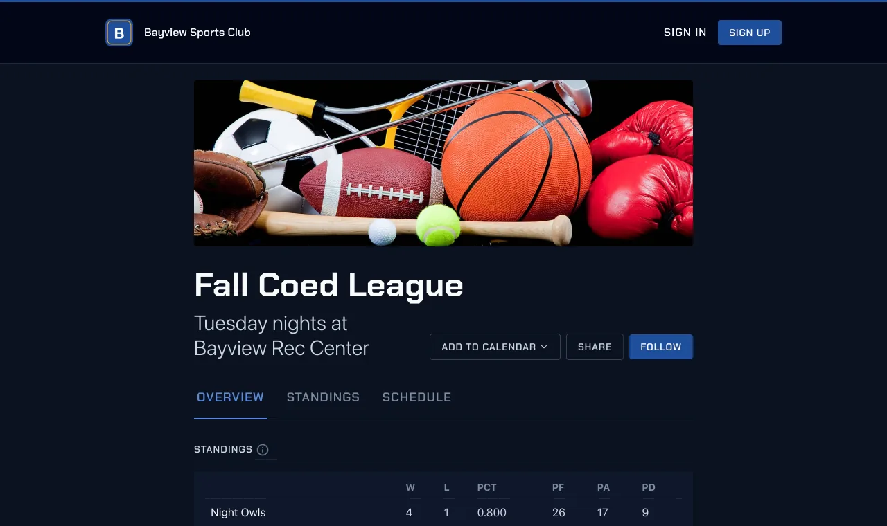 The same league on the club's own website in the Arena style, under the club's logo and navigation