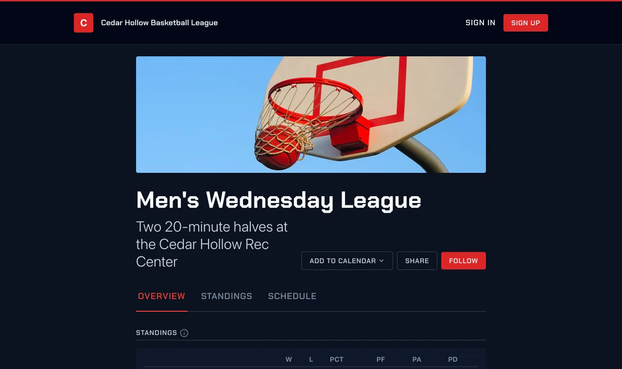 The Men's Wednesday League on the Cedar Hollow Basketball League website in the Arena style, under the club's name and navigation
