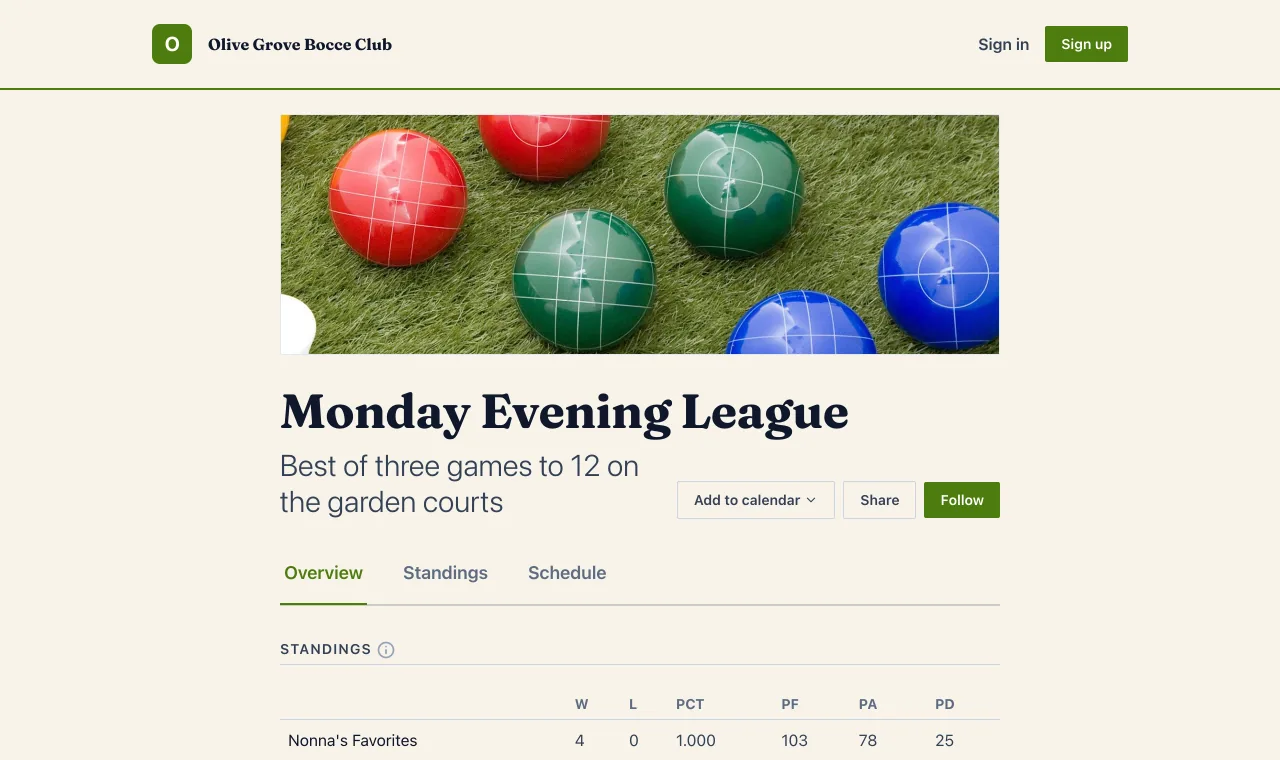 The Monday Evening League on the Olive Grove Bocce Club website in the Bulletin style, under the club's name and navigation