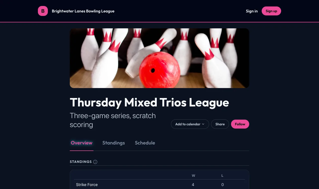 The Thursday Mixed Trios League on the Brightwater Lanes Bowling League website in the Neon style, under the club's name and navigation