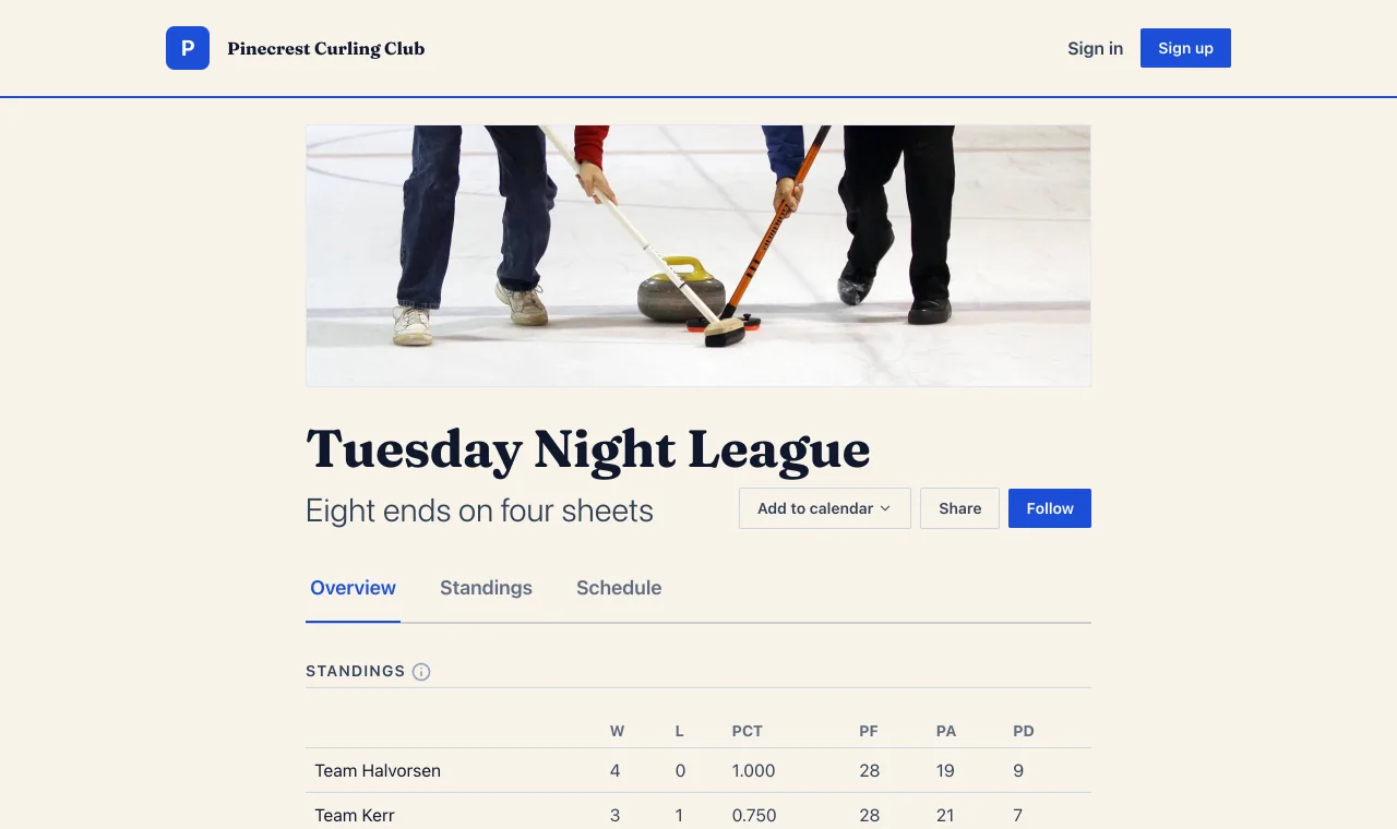 The Tuesday Night League on the Pinecrest Curling Club website in the Bulletin style, under the club's name and navigation