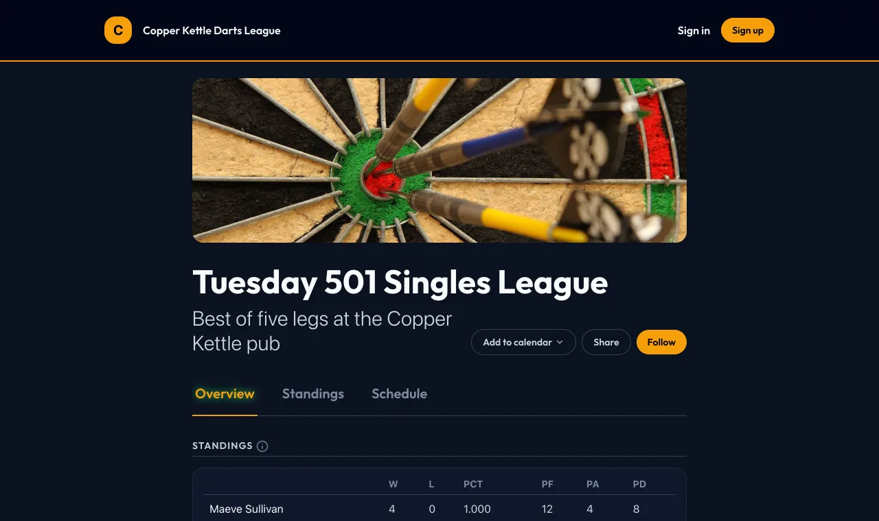 The Tuesday 501 Singles League on the Copper Kettle Darts League website in the Neon style, under the club's name and navigation