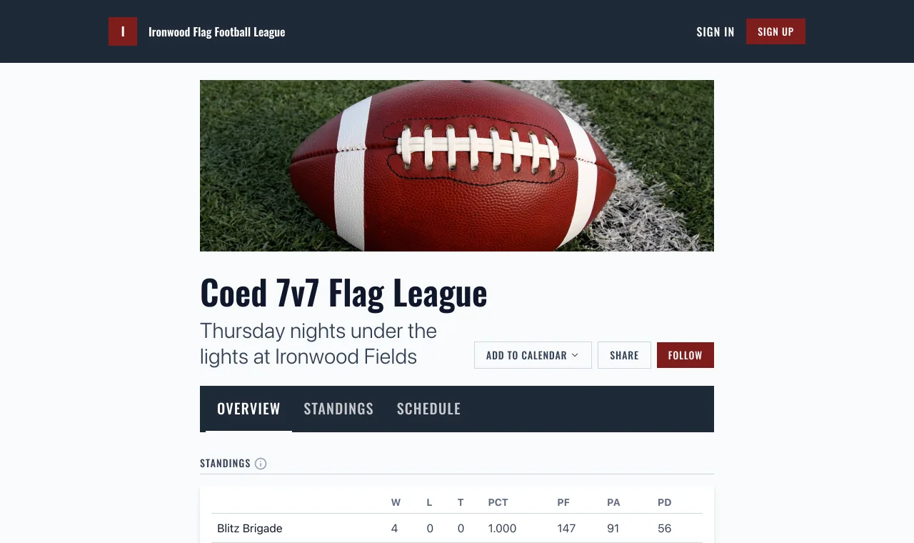 The Coed 7v7 Flag League on the Ironwood Flag Football League website in the Scoreboard style, under the club's name and navigation