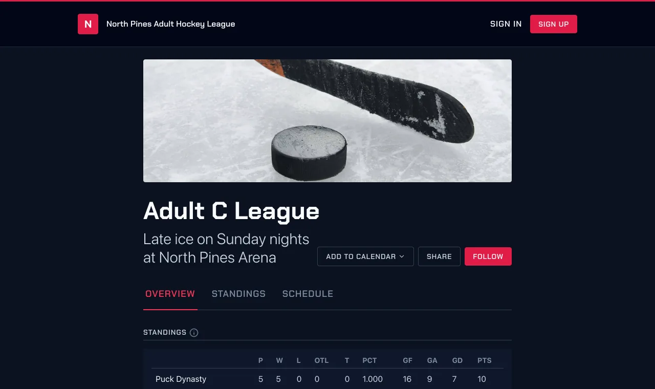 The Adult C League on the North Pines Adult Hockey League website in the Arena style, under the club's name and navigation