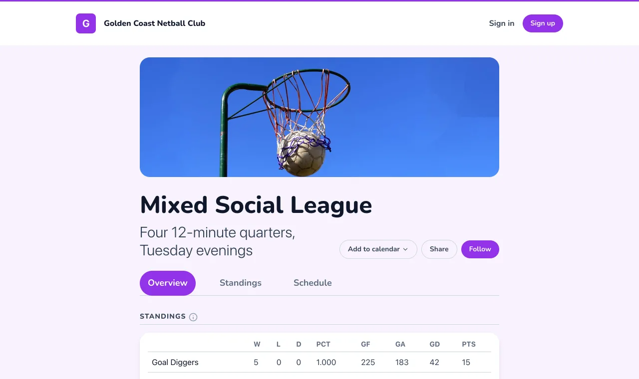 The Mixed Social League on the Golden Coast Netball Club website in the Rec style, under the club's name and navigation