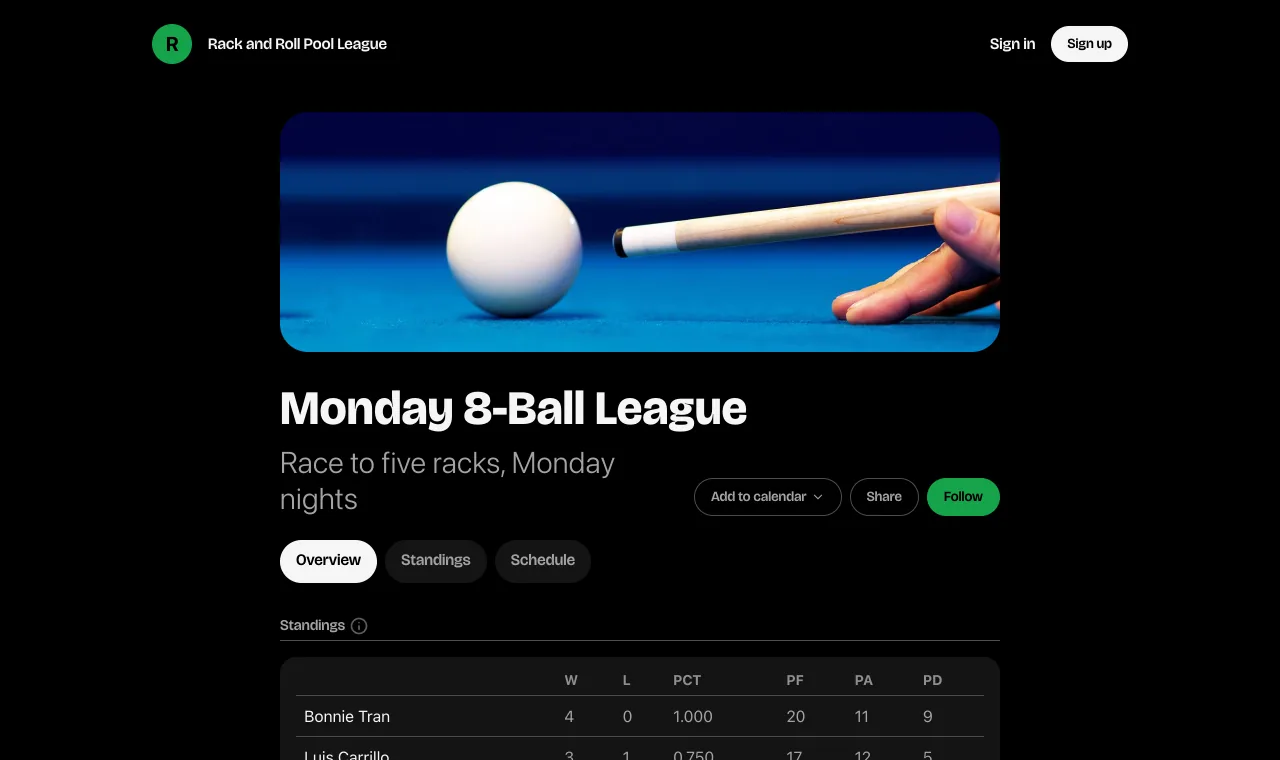 The Monday 8-Ball League on the Rack and Roll Pool League website in the Blackout style, under the club's name and navigation