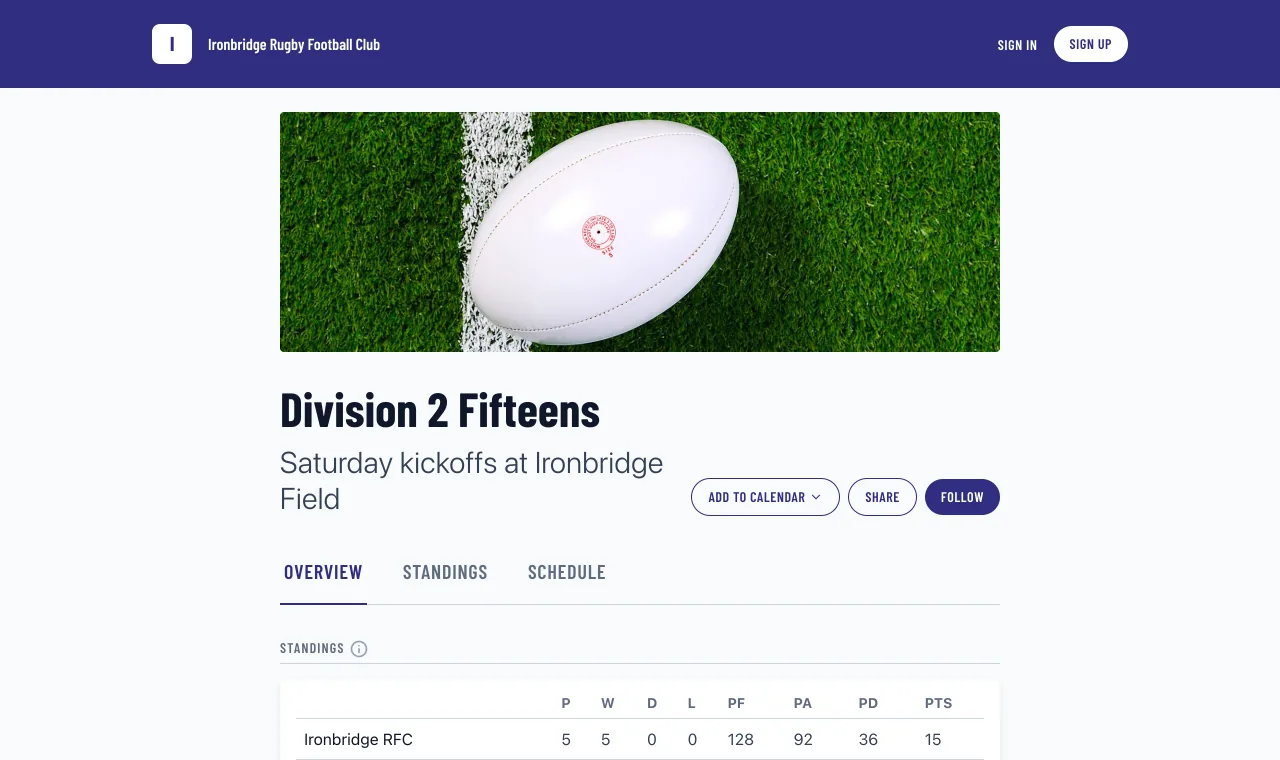 The Division 2 Fifteens on the Ironbridge Rugby Football Club website in the Varsity style, under the club's name and navigation