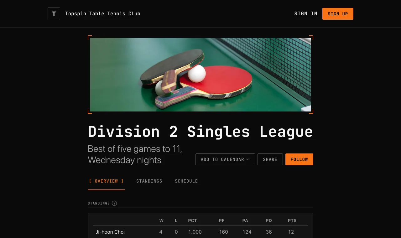 The Division 2 Singles League on the Topspin Table Tennis Club website in the Signal style, under the club's name and navigation