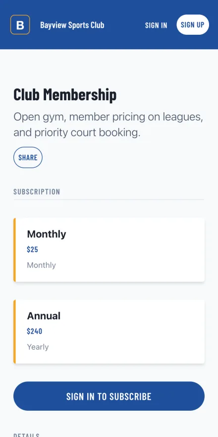A club membership page on a player's phone, with its monthly and annual plans