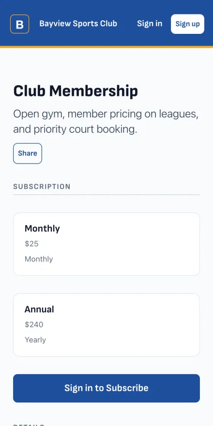 A club membership page on a player's phone, with its monthly and annual plans