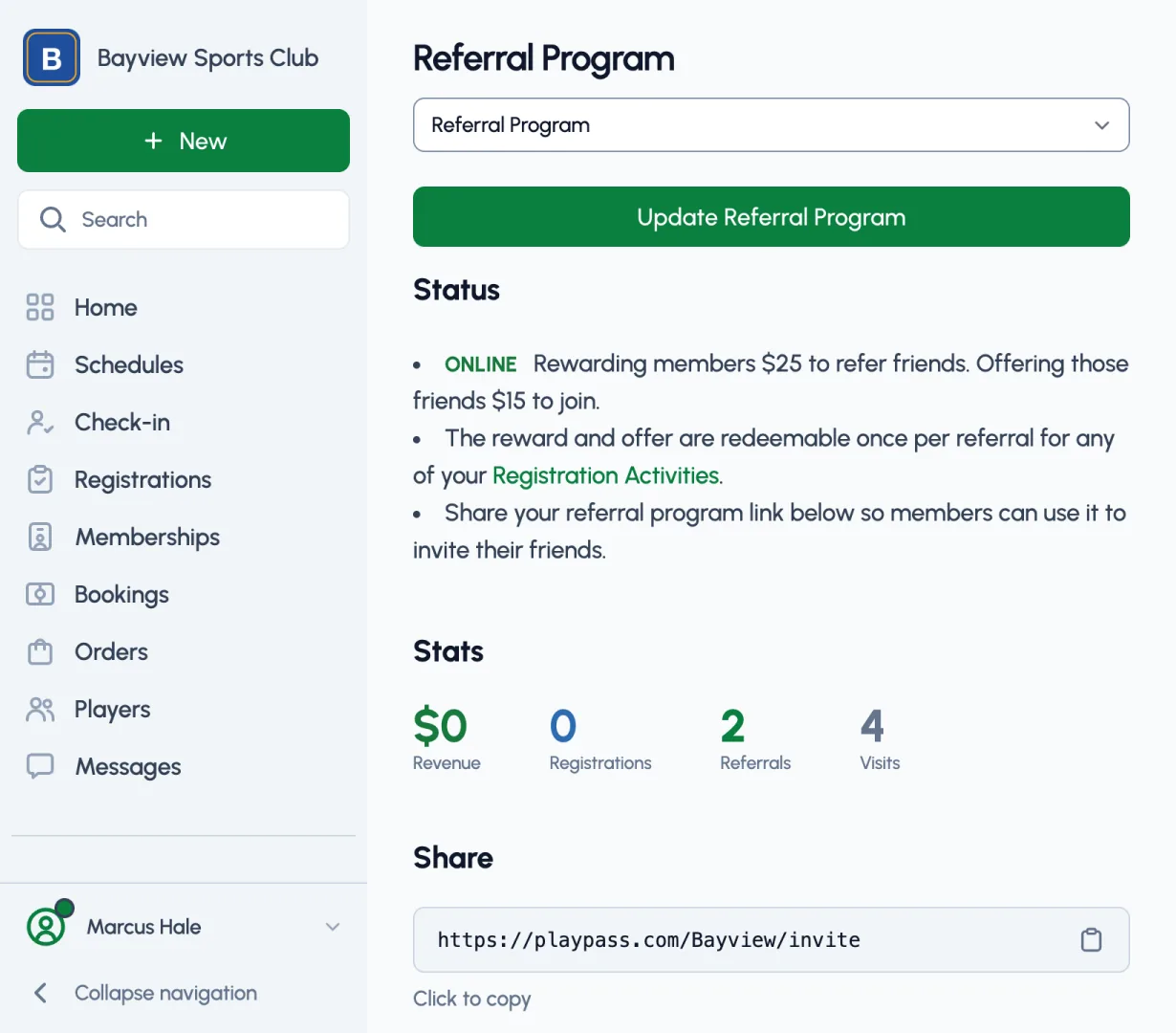 The Referral Program dashboard: status, revenue, registrations, referrals, visits, and share link