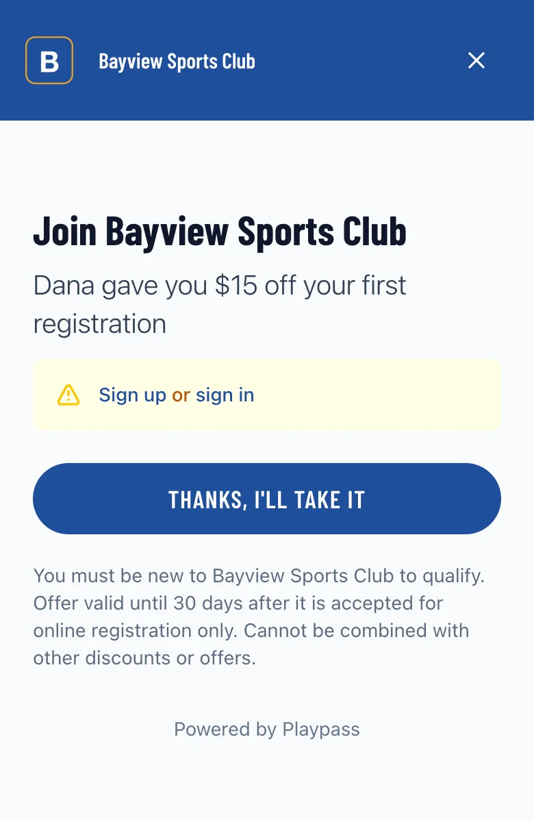 The invite page a friend sees from a member's link, offering $15 off their first registration