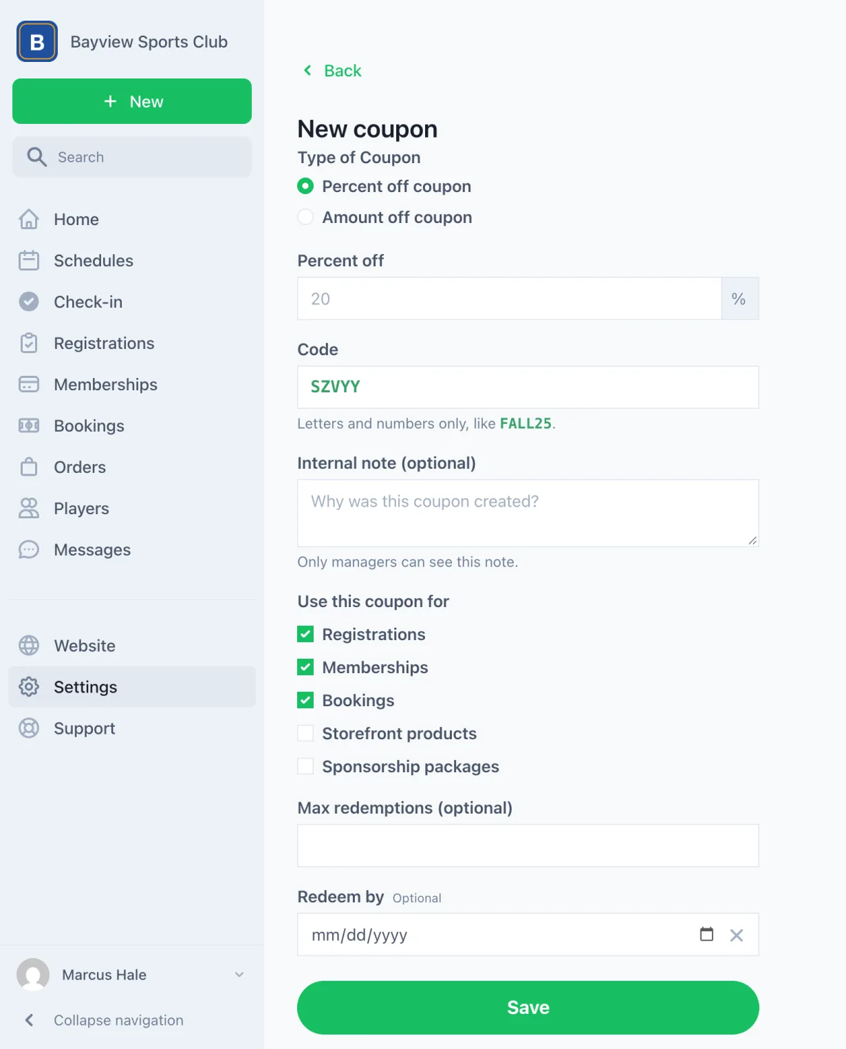 The New coupon form: percent or amount off, code, what the coupon is for, maximum redemptions, and redeem-by date