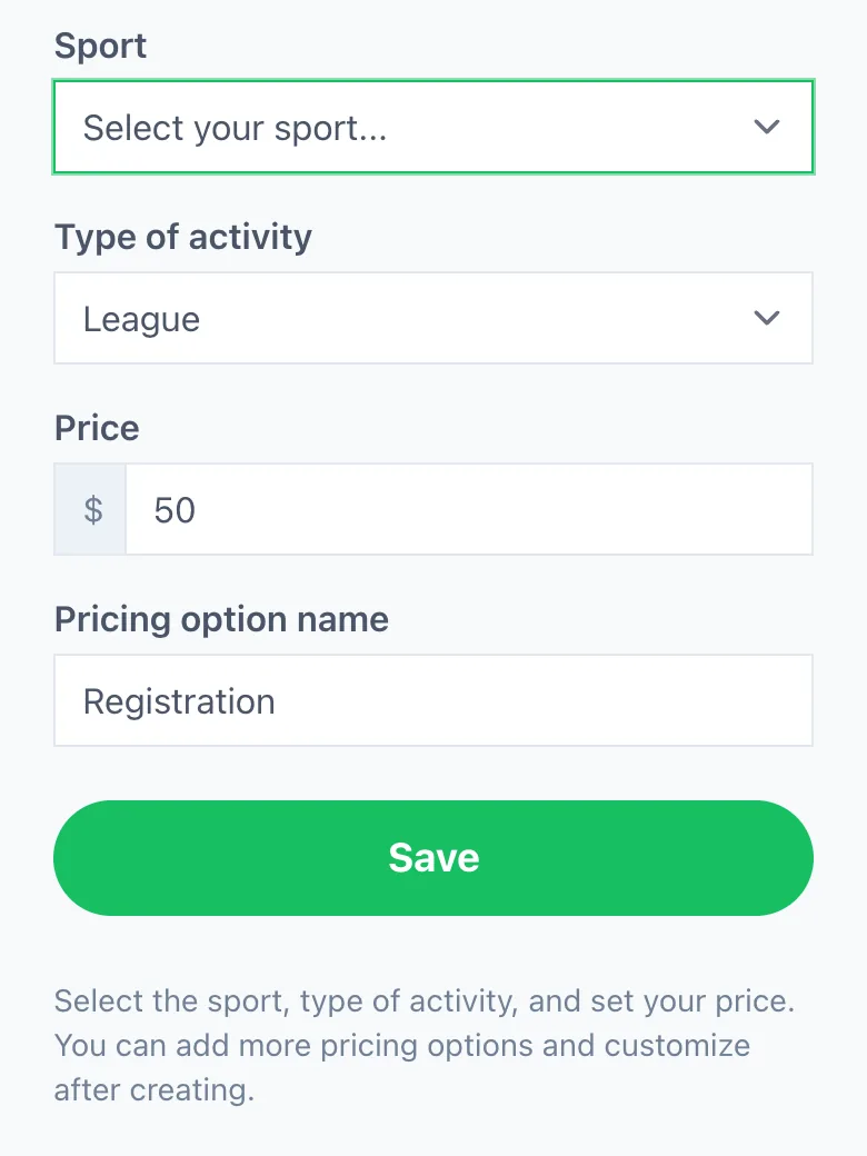 The registration activity form: sport, type of activity, price, and pricing option name