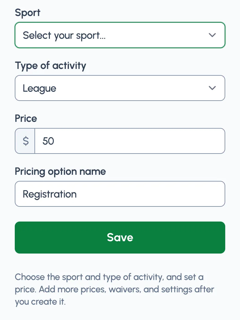 The registration activity form: sport, type of activity, price, and pricing option name