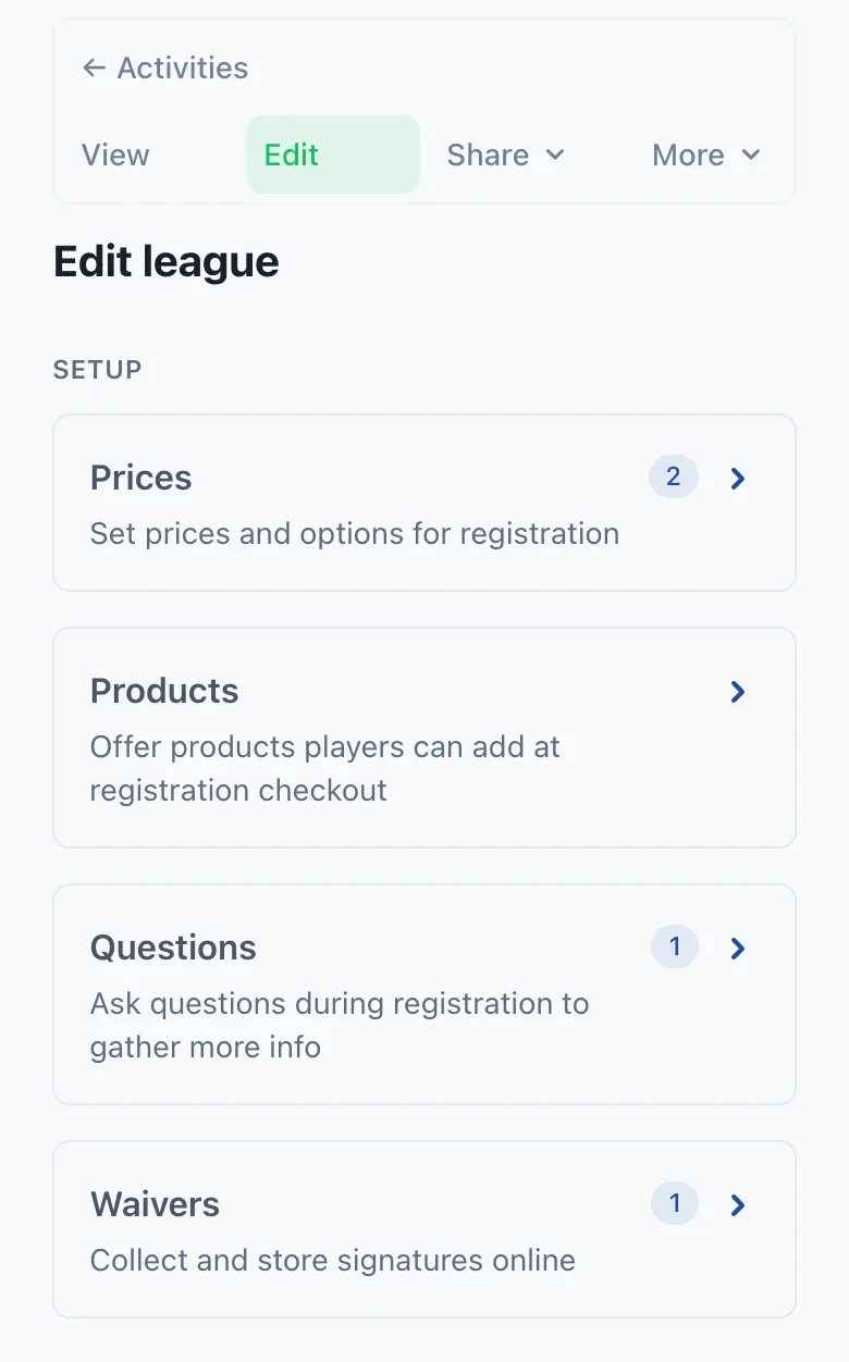 A registration activity's Edit page, with Prices, Products, Questions, and Waivers under Setup